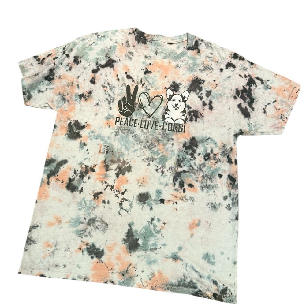 Upcycled Peace Love Corgi Tie Dye T-Shirt Unisex Dog Lover Graphic Tee